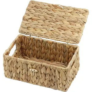 Small Wicker Basket with Lid, Natural Water Hyacinth Storage Baskets for Organizing, Rectangular Woven Basket for Storage, Decorative Boxes Bins with Lids and Built-in Handles (10.2" x 6.3" x 3.9")