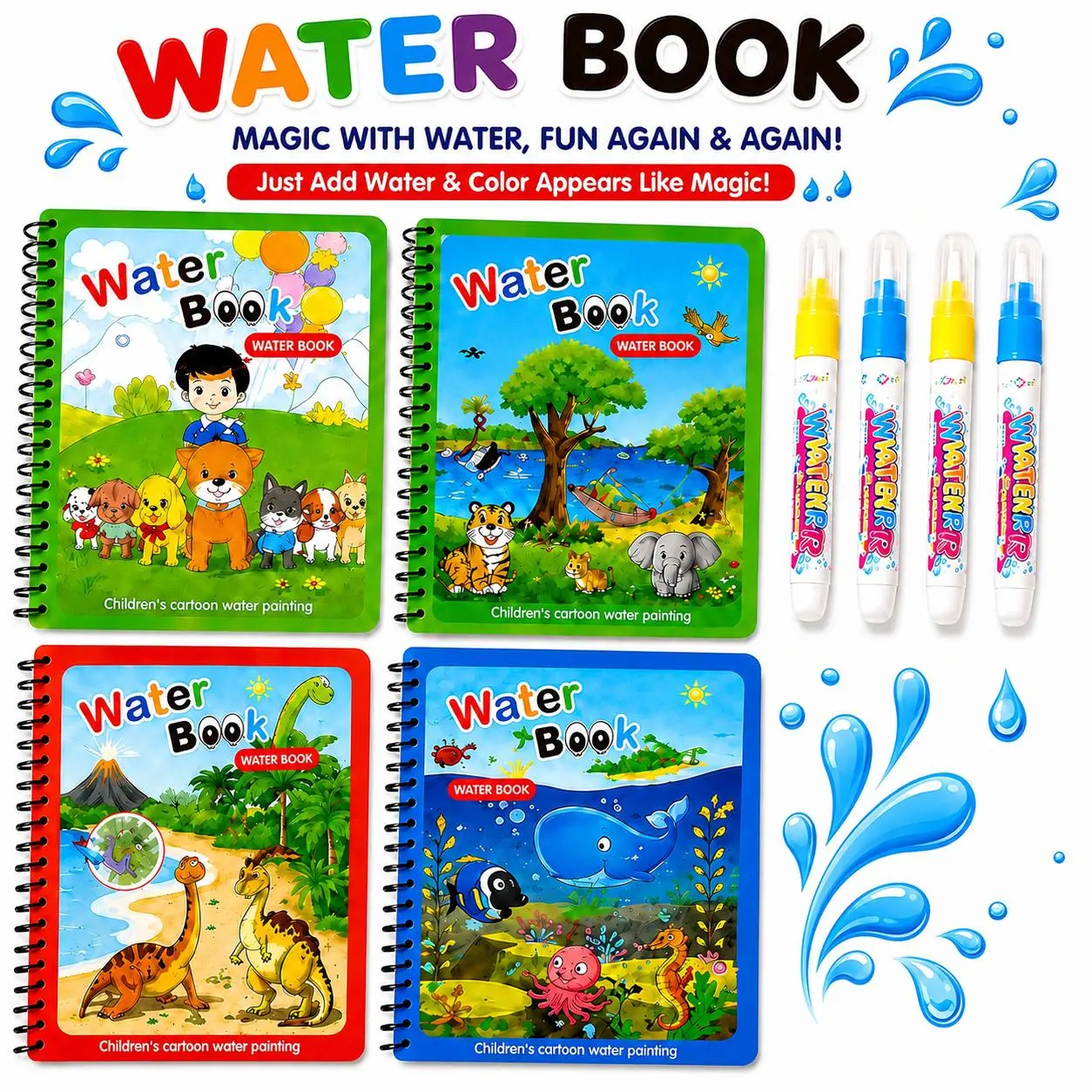 Kids Reusable Magic Water Coloring Book- 7.3inch x 5.1inch Vibrant Spiral Notebook, Child-Friendly Design, Cartoon Pages, Refillable Water Pens, Color-Reveal Pages, Travel-Friendly, Ages 2-6 Preschool Learning Toy, Toddler Gifts for Birthdays/Easter