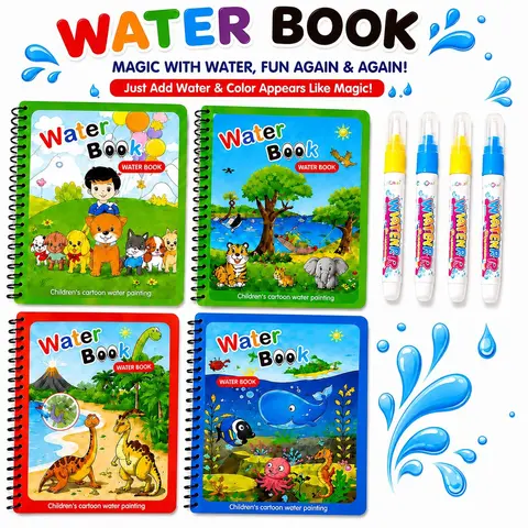 Kids Reusable Magic Water Coloring Book - 7.3in x 5.1in Spiral Notebook, Cartoon Themes, Child-Friendly Color-Reveal Pages, Refillable Water Pens, BPA-Free Travel-Ready Book, Hand-Strengthening Toddler Toys for Ages 2-6, Party Favors, Birthdays Gifts