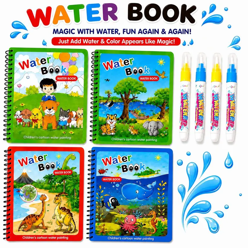 Kids Reusable Magic Water Coloring Book - 7.3in x 5.1in Spiral Notebook, Cartoon Themes, Child-Friendly Color-Reveal Pages, Refillable Water Pens, BPA-Free Travel-Ready Book, Hand-Strengthening Toddler Toys for Ages 2-6, Party Favors, Birthdays Gifts