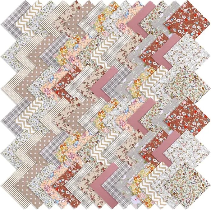 84 Pcs 5 inch Vintage Rose Quilting Fabric Square Bundle, Precuts Charm Packs for Quilting, Khaki Printed Patchwork Material Supplies Retro Floral Print for Sewing, Patchwork, and DIY Crafts