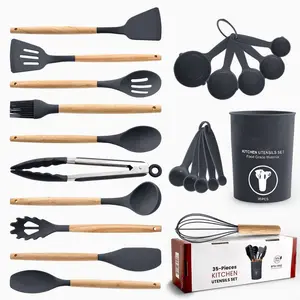 Cooking Utensil Set 35 Piece Silicone and Wood Kitchen Utensil Set with Holder Non Stick Kitchen Gadgets & Tools