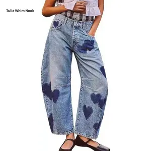 Wine Barrel Jeans for Women, Wide-Leg Loose Fit, Vintage Print, Boyfriend Style, Horseshoe-Shaped Jeans