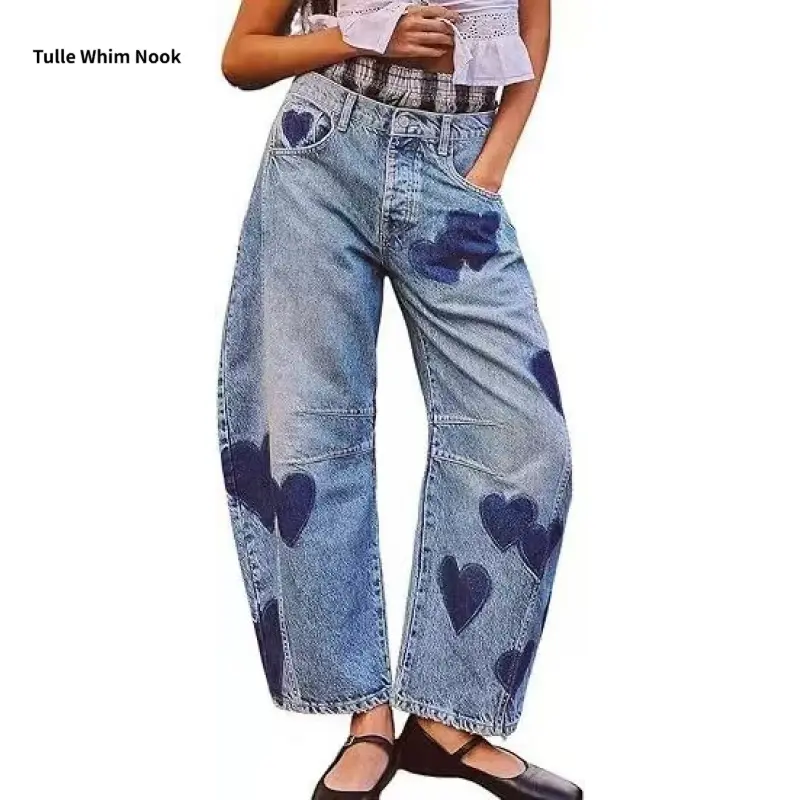 Women's Mid-Rise Wine Barrel Jeans, Wide-Leg Loose Boyfriend Style, Vintage Graphic Print, Horseshoe-Shaped, Balloon-Tube Cargo Design, Y2000 Streetwear, Mid-Rise Jeans For Women, Wide-Leg Pants