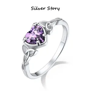 Vintage 925 Sterling Silver Heart Ring for Women, Purple Zircon Heart Promise Ring, Celtic Knot Band Anniversary Birthday Gift for Her, Dainty Silver Heart Statement Ring, Trendy Romantic Jewelry，Size Adjustable