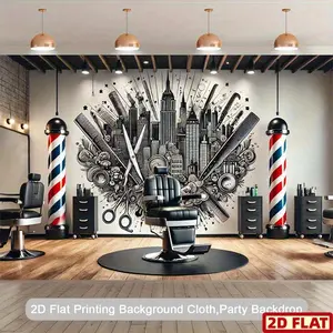 2D Flat Banner, 1pc 8x6ft Polyester Photography Backdrop - Barber Shop Corner with NYC Skyscraper & Barber Pole Design, Versatile Indoor/Outdoor Banner Decor for Parties, Birthdays, Photo Studios, Barbershop Decor, Party Backdrop