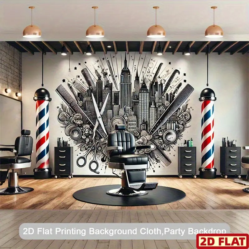 2D Flat Banner, 1pc 8x6ft Polyester Photography Backdrop - Barber Shop Corner with NYC Skyscraper & Barber Pole Design, Indoor/Outdoor Banner Decor for Parties, Party Decor Supplies, Photo Studios, Barbershop Decor, Party Decorations Banners