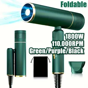JOYYH Professional Ionic Hair Dryer with Hot & Cold Wind, 110,000 RPM, Foldable Lightweight Travel Design, Diffuser Attachment, Smart Temperature Control, 1600W, US Plug (Green/Purple), Hair Blow Dryer, Portable Beauty Tool, Sleek Style, Metallic Accents