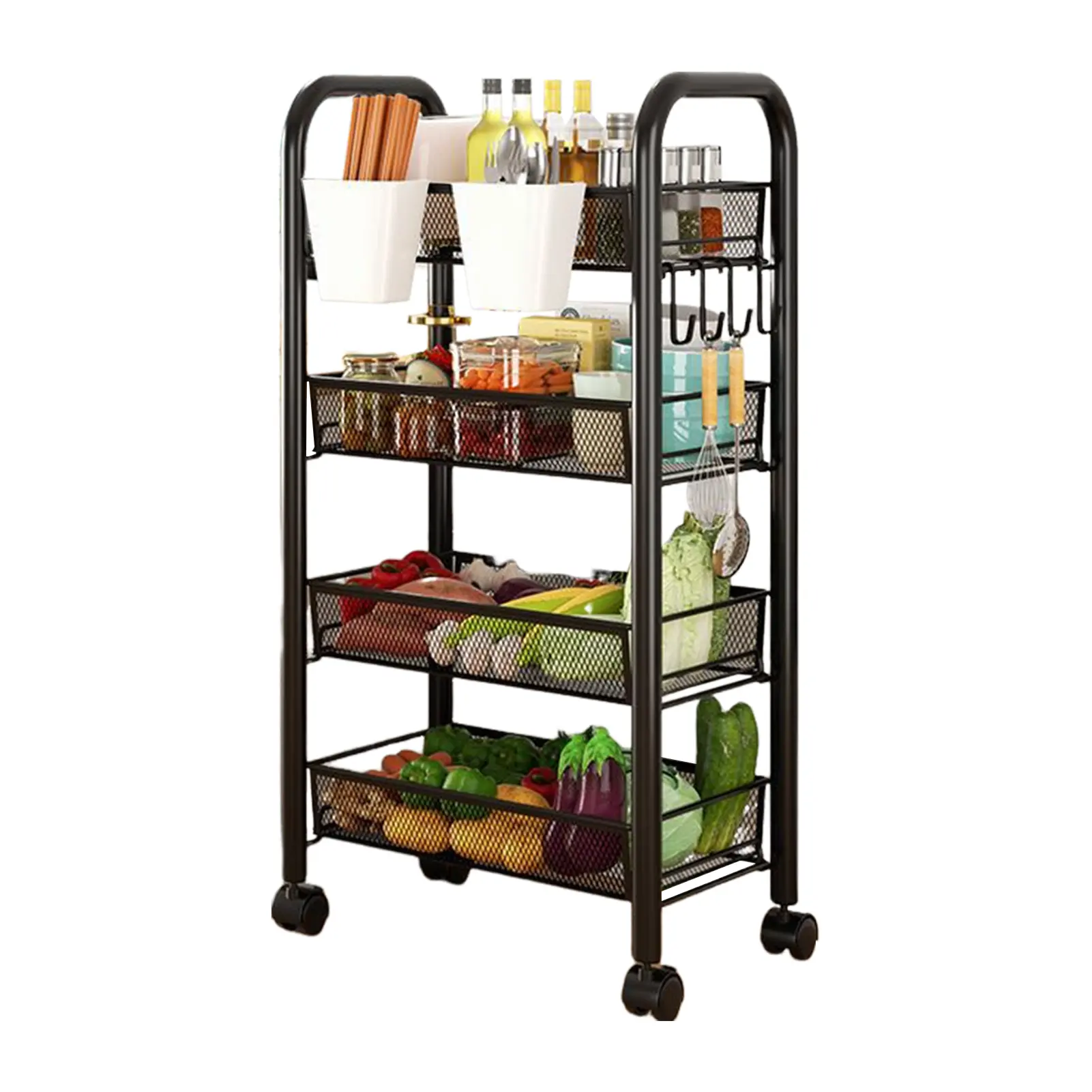 Fruit & Vegetable Storage Basket Cart for Kitchen, Storage Organizers 5-Tier Stackable & Detachable with 4 Wheels Carbon Steel, Large and Hanging Boxes, Fruit Holder for Bedroom,Pantry