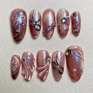 Lunar Dust Pink Chrome Press On Nails, Holographic Pearl Galaxy Fake Nails
