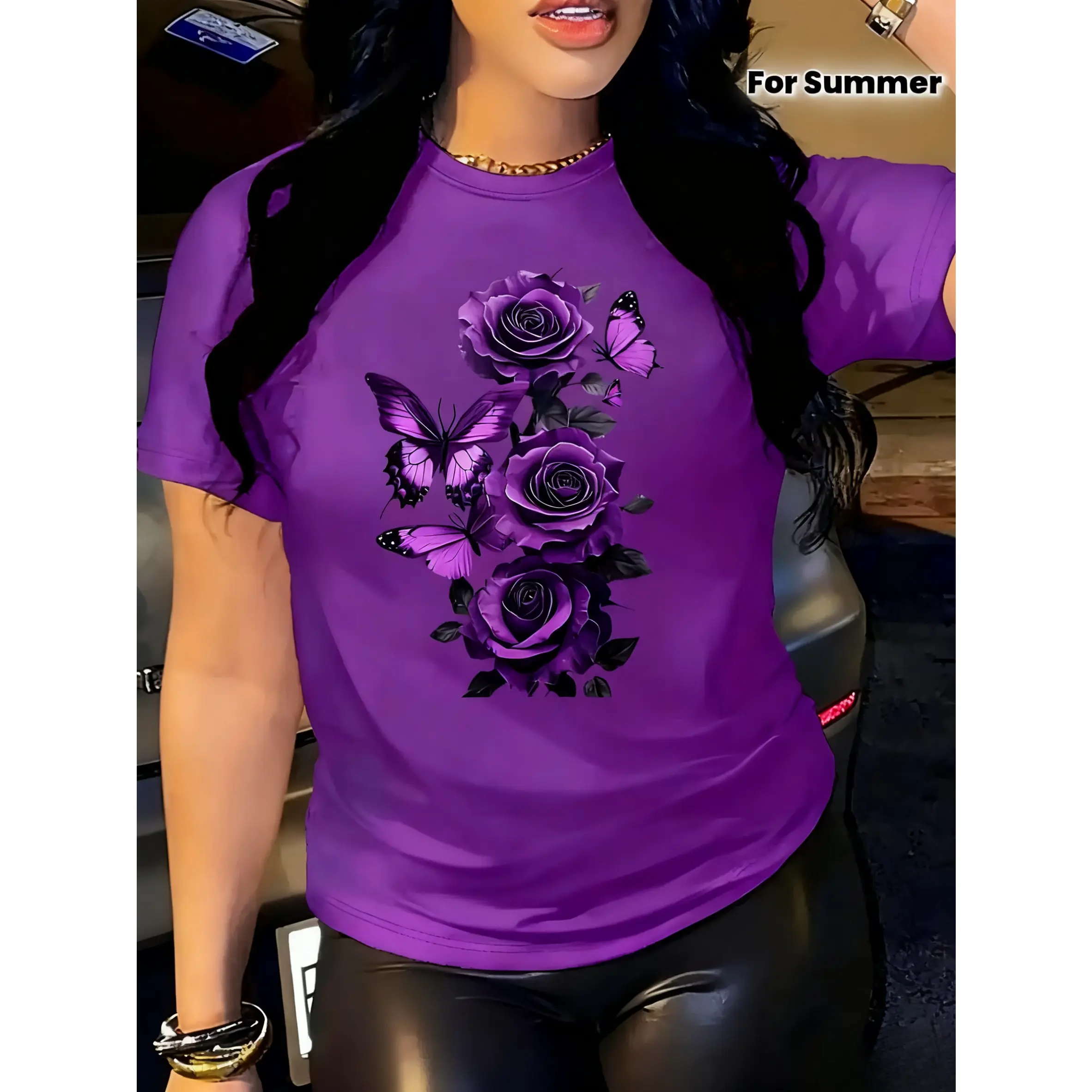 100% Cotton T-Shirt, Multiple Colors Available, Women's Soft Elegant Purple Rose Butterfly Print T-Shirt - Round Neck Short Sleeve Top, Machine Washable Lightweight Fabric, Moderate Elasticity, Spring Summer Casual Shirt