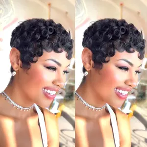 Short Curly Human Hair Wig Pixie Cut Wigs for Black Women Short Layered Curly Pixie Cut Wigs With Bangs Natural Black Color for Daily Use Glueless Full Machine Made Wig