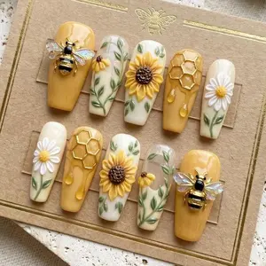 Honey Bee Press On Nails 3D Sunflower Honeycomb Yellow Floral Cottage Summer Vibe