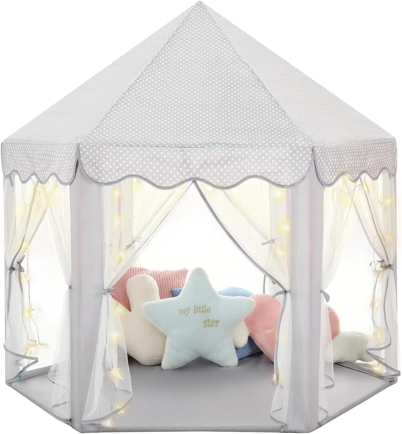 Grey Fairy Motifs Fabric Princess Castle Tent for Girls, Hexagon Playhouse, All-Seasons Indoor-Outdoor Kids’ Party Supplies & Toddler Gifts