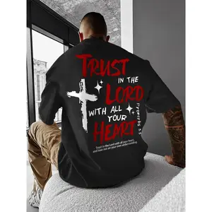 Men's Cross & Letter Print Round Neck Graphic Tee, Casual Short Sleeve T-shirt for Daily Wear, Men's Top for All Seasons