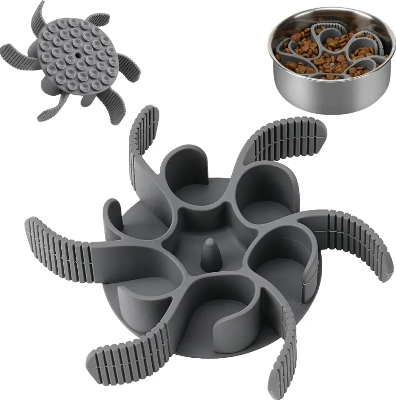 Cut-to-Fit Slow Feeder Dog Bowl Insert - Cuttable Flexible Silicone Food Maze for Small, Medium, Large Dog Bowls, Aids Slower Eats & Better Digestion, Gray or Green