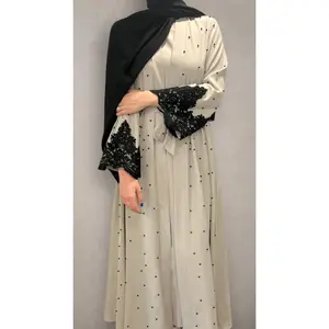 Two Piece Open Front Pearl Abaya - Black Lace on Gray