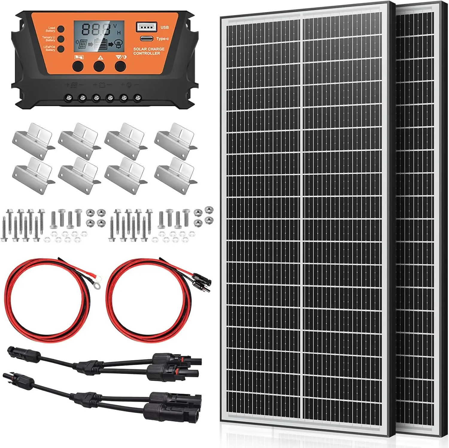 200W Bifacial Solar Panel Kit – 2x100W Solar Panels with 30A PWM Charge Controller for RV, Marine, Boat & Off-Grid Power Systems