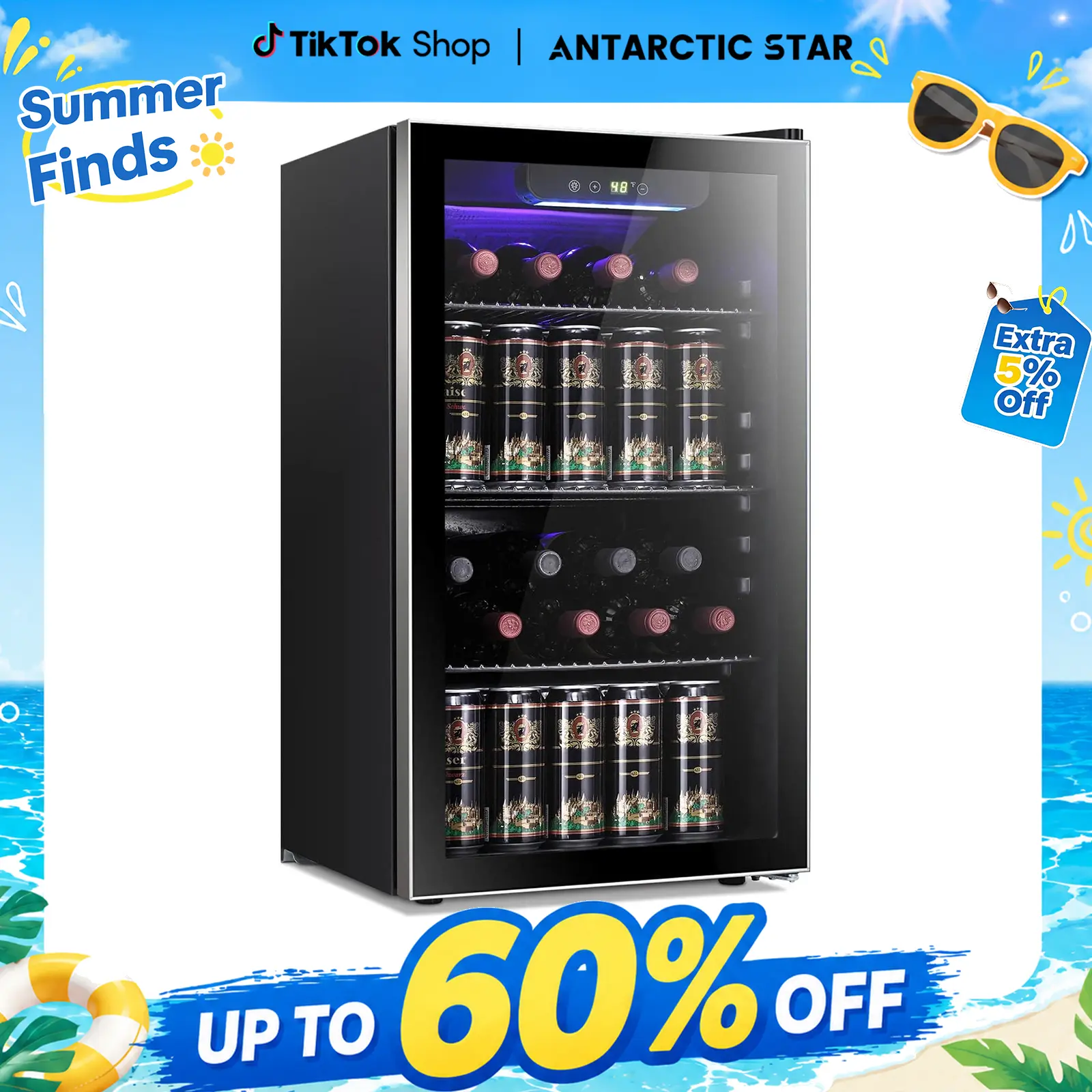Antarctic Star Beverage Refrigerator Cooler 0.64-4.5Cu.ft 24-145 Can Wine Cooler Cabinet Mini Wine Cellar Beer Soda Clear Glass Door Bar Fridge Quiet Compressor Adjustable Temp Freestanding Indoor Use for Home Office Bar Freezer Box Durable