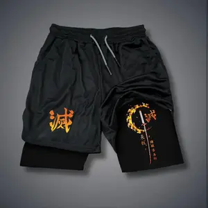 Men's Retro 80s-90s Anime Style Double-Layer Shorts, Graphic Print Black Camo Streetwear Jorts, Casual Elastic Waist Summer Sports Shorts