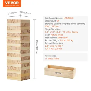 VEVOR Tumbling Timber Toy, 54 Blocks Tumble Tower Blocks Game, Pine Wood Tumbling Tower Game with Storage Crate, Wooden Stacking Game for 1 or More Players, Tumble Tower Family Game for Indoor/Outdoor