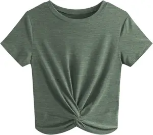 Women's Summer Causal Short Sleeve Blouse Round Neck Crop Tops Twist Front Tee T-Shirt
