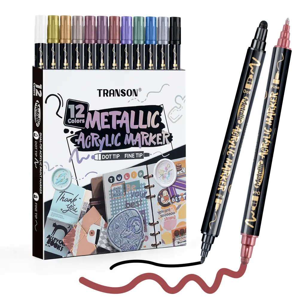 TRANSON 12-Color Metallic Paint Marker Set, Bold-Fine Dual-Tip Water Based Markers & Highlighters Assortment Kit for Rock, Wood, Ceramic Canvas DIY Projects, Assortment Kit Markers & Highlighters