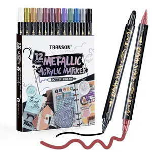 TRANSON 12Colors Metallic Paint Marker Set Bold and Fine Dual-tip for Rock Wood Ceramic Canvas DIY Painting Drawing