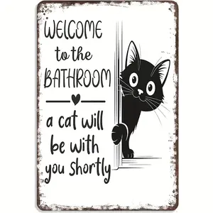 Funny Bathroom Decor - Vintage Metal Tin Sign "Welcome to the Bathroom - A Cat Will Be with You Shortly" - Retro Black Cat Peeking Door Design - Bathroom, Kitchen, Living Room Wall Art - Pet Lover Gift - Easy Hang Pre-Drilled Holes - 8x12 Inch Plaque