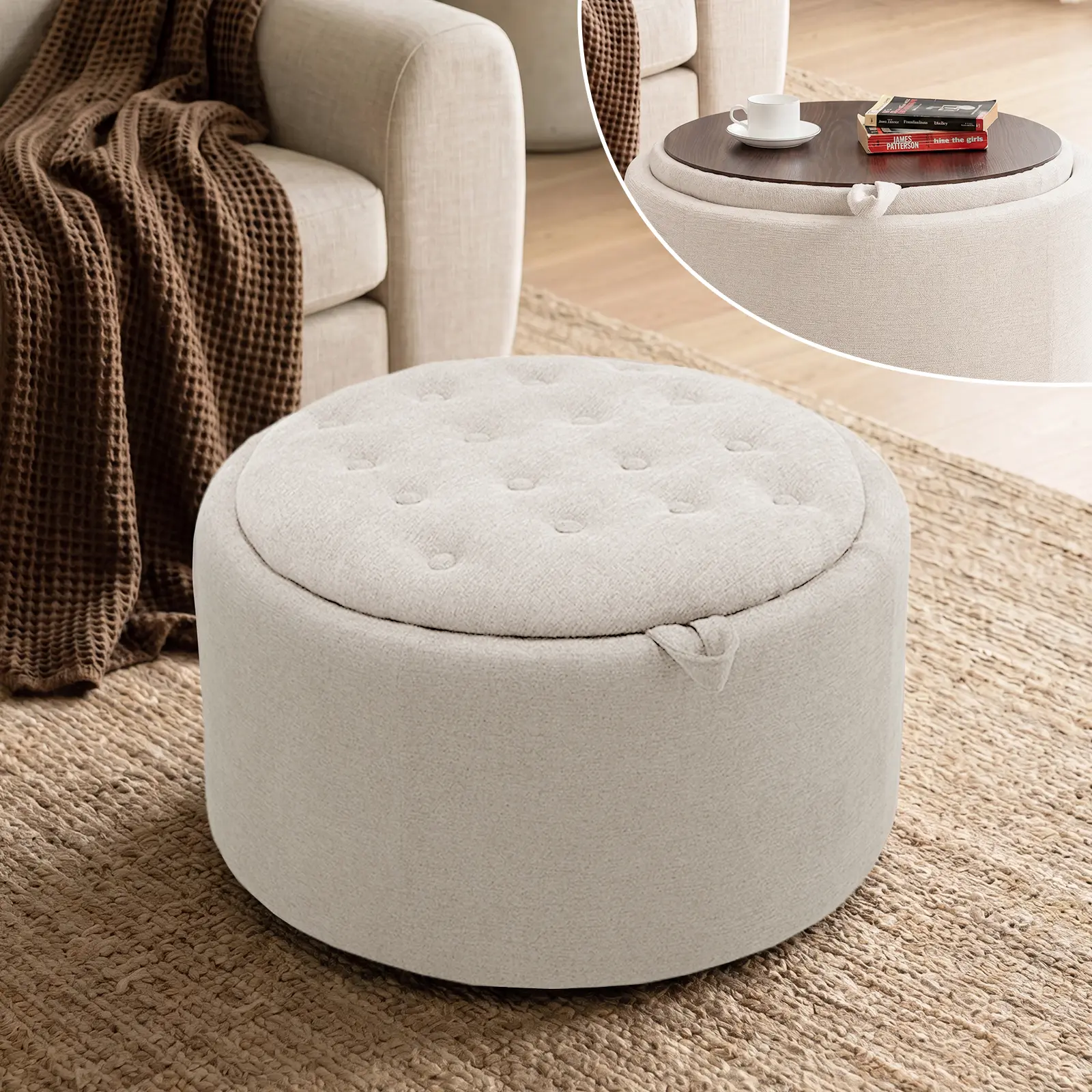 Tbfit Compact Upholstered Round Storage Ottoman - Fully Assembled Chenille Fabric Footrest & Seat with Hidden Storage, Family-Friendly Safety Design for Living Room, Bedroom, Upholstered Storage Ottoman