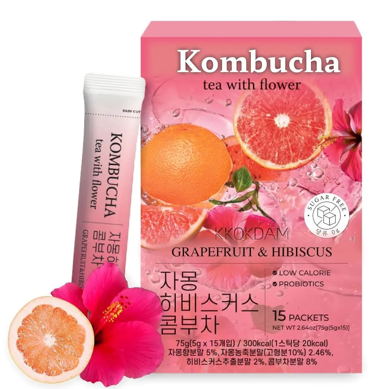 KKOKDAM Kombucha Tea - Grapefruit & Hibiscus Korean Tea - Kombucha Drinks Probiotic Support, Low Calorie, Sugar Free Kombucha Pack - 15 Packs