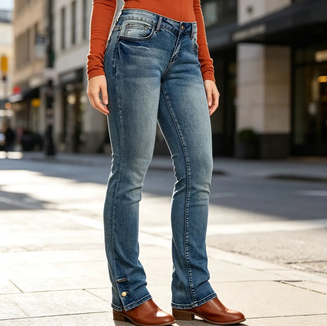 Women's Plus-Size Soft Stretchy Bootcut Jeans - Lady's Mid-Rise Breathable Denim Pants, Casual Retro Wash, Button Closure, Side Hem Slits, Matching Pockets, Fit-Enhancing Slim Leg Design