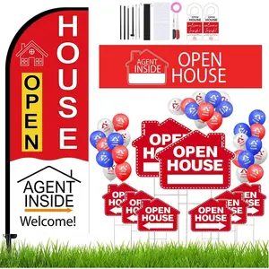 47 Pcs Open Signs for Real Estate, Single-Sided Open Signs Kit with 7 Ft Large Flag, 7.8 Ft Banner Sign,2 Door Hangers and 30 Balloons for Real Estate Agents Supplies