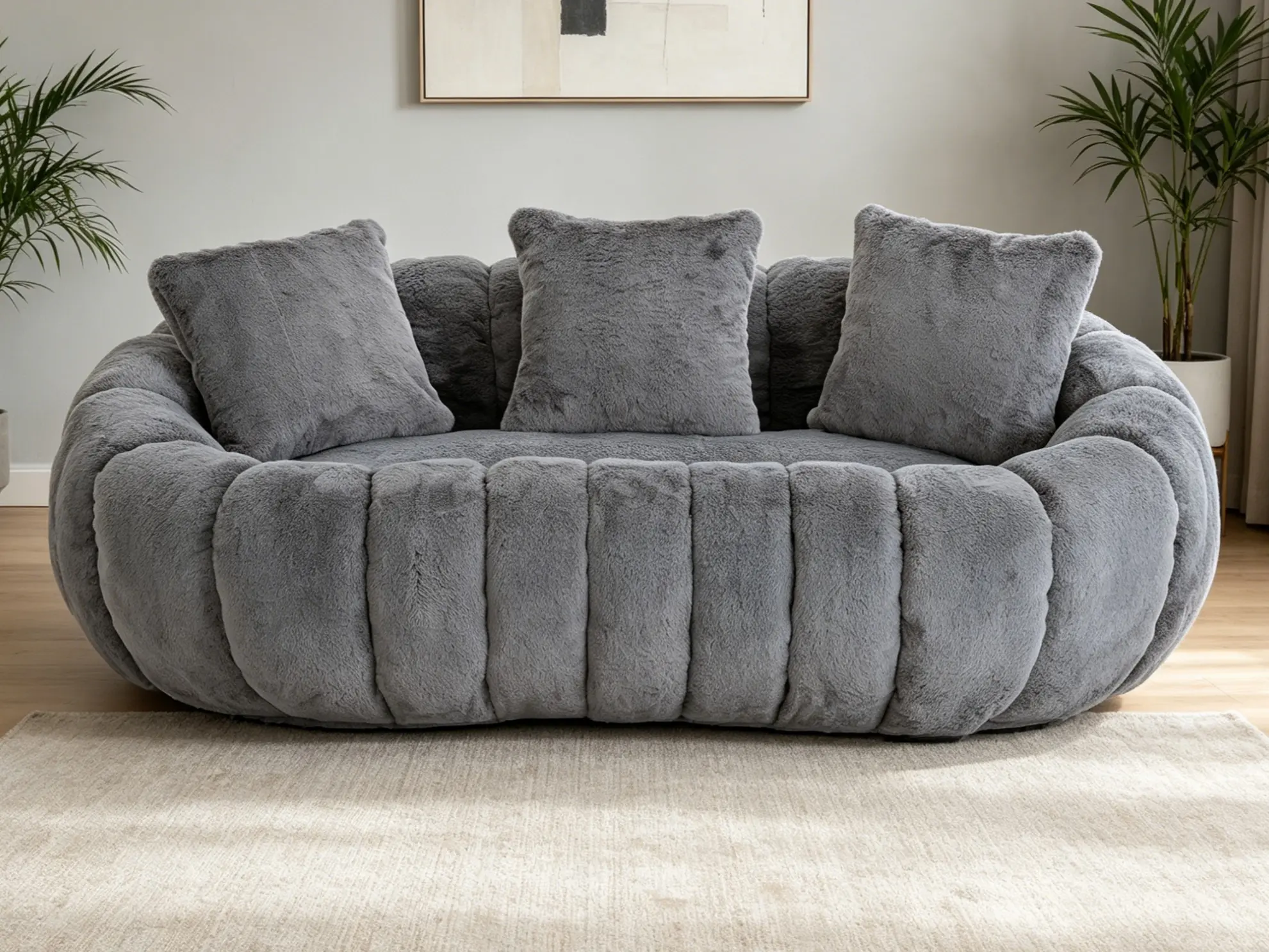 Floral-Shaped Ultra-Soft Faux Fur 2-Seater Black Loveseat Sofa, Ideal for Spacious Large Living Room Indoor Furniture Decor Decorative Sofa Boneless Loveseat Couch