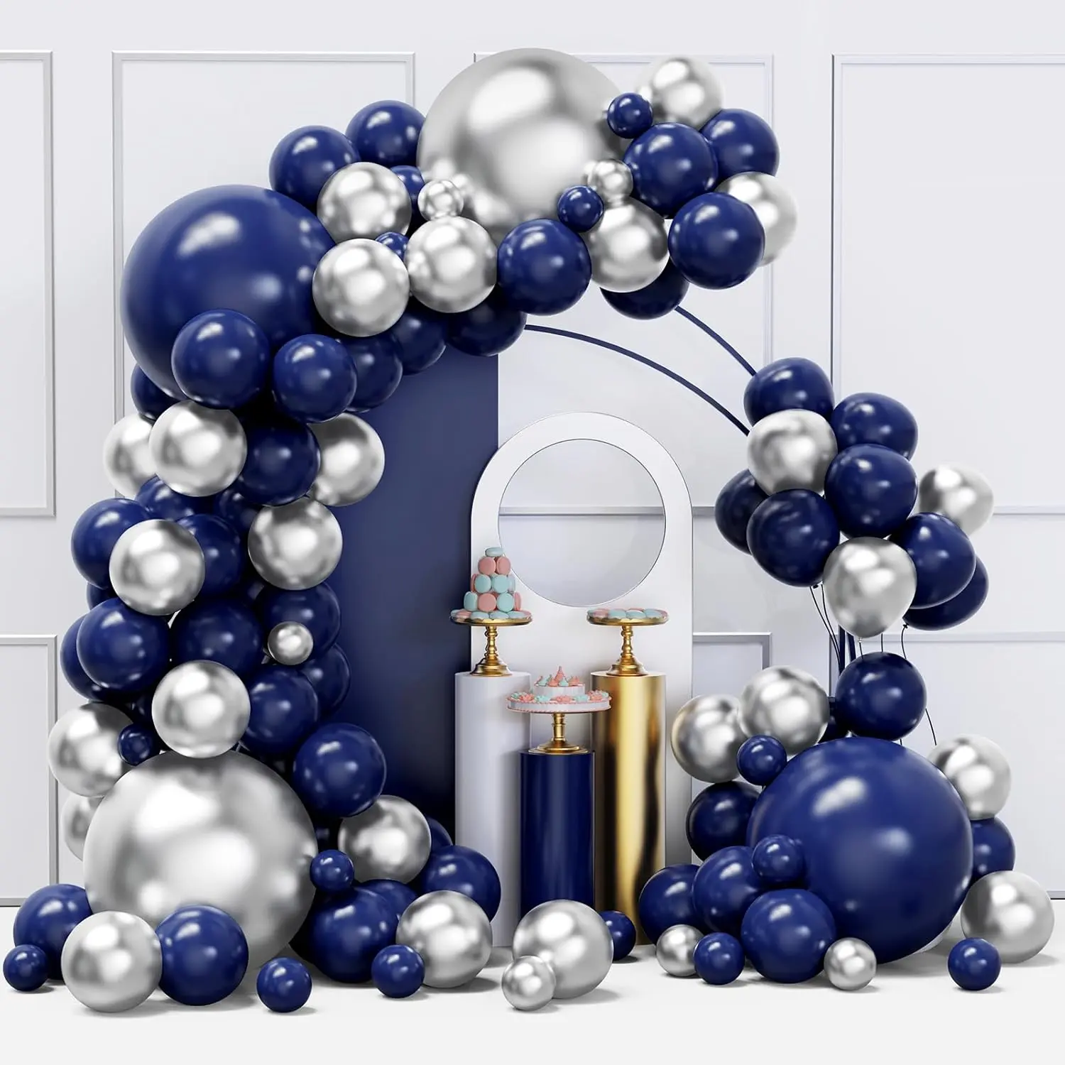 134 Pcs Blue & Silver Metallic Latex Balloon Garland Kit - Dark Blue, Silver Multi-Size Pieces, Metal Balloon Arch Compatible, for Happy Birthday Decor, Room Accessories with Birthday Ideas