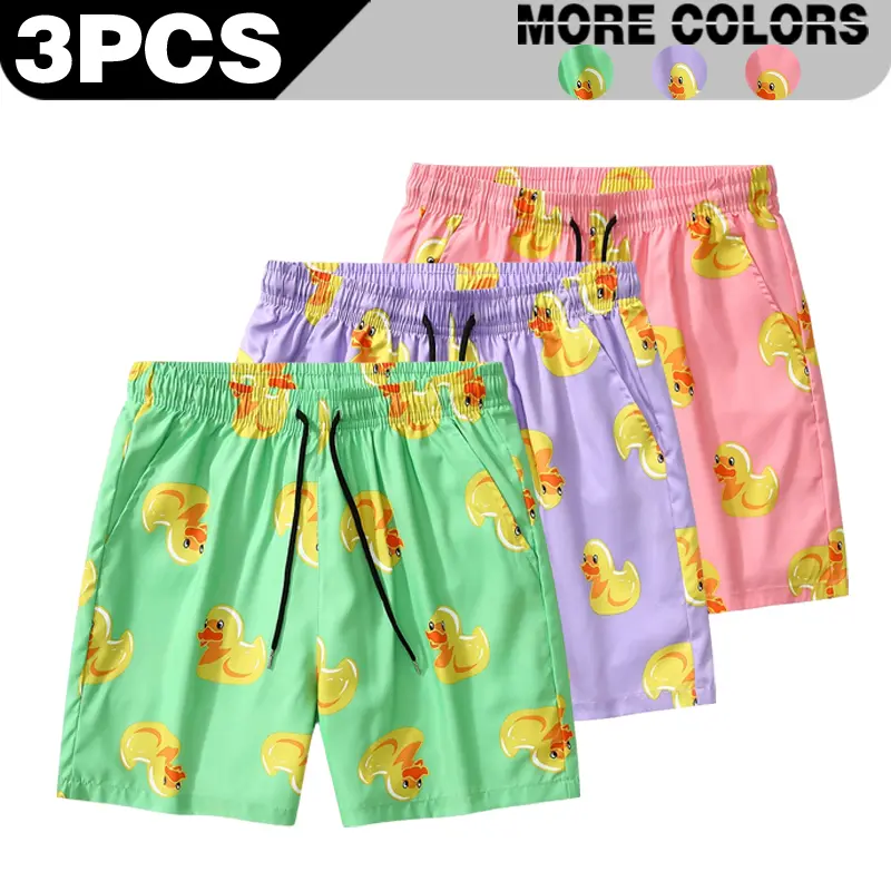 Summer men's yellow duck printed beach pants, loose quick drying casual five quarter pants, couple's beach vacation shorts