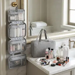 Large Capacity Hanging Travel Storage Bag, four-fold organizer with hook and multi-section design for makeup and toiletries, travel organization essential for business travel, holidays and daily use