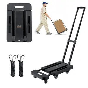 VEVOR Folding Hand Truck, 500 lbs Load Capacity, Collapsible Luggage Cart with 6 Wheels, 2 Elastic Ropes Expandable Base, Utility Dolly Platform Cart for Airport Travel Luggage Office Moving, BlackVEVOR Super Brand Day