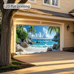 Tropical Beach Scene Banner with Palm Trees and Waves, No Power Needed, Ideal for Wedding Decor, Party Setup, Photography Background, Photo Backdrops