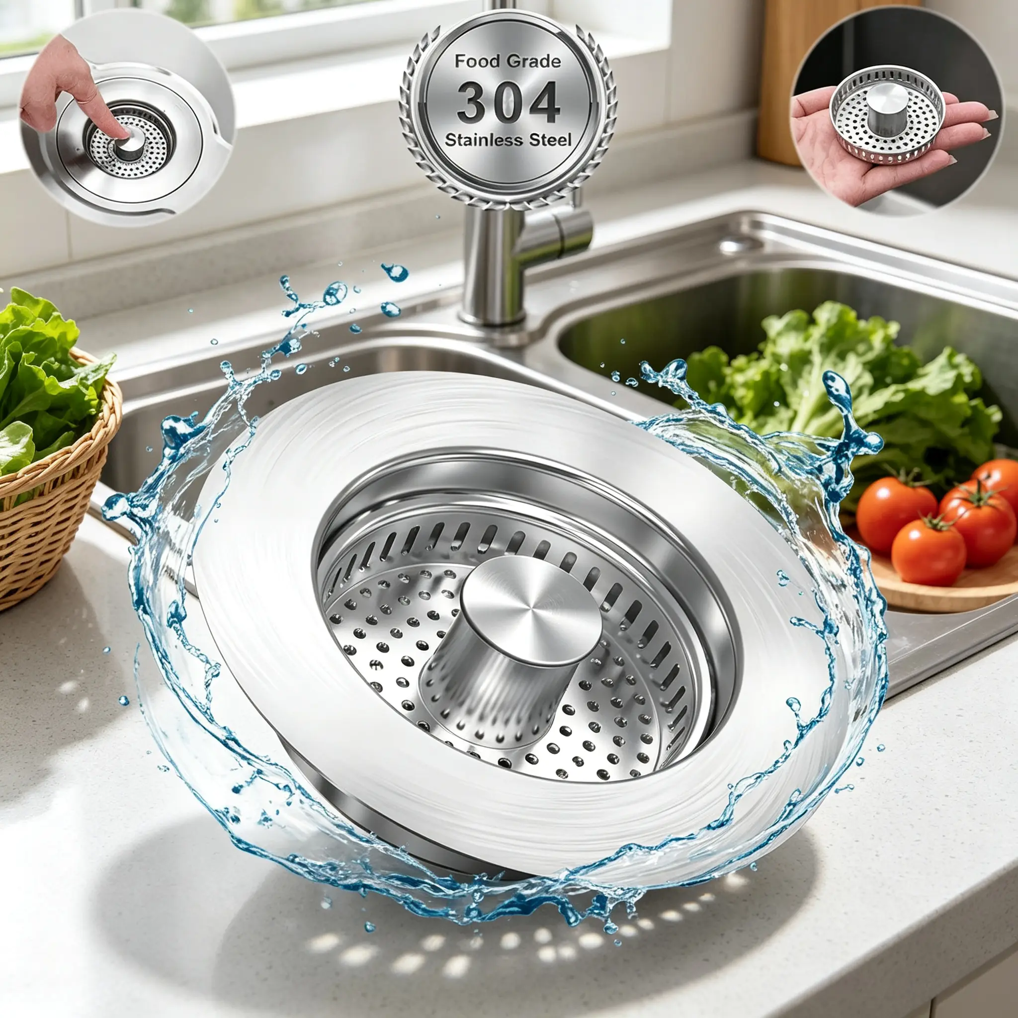 Stainless Steel 1-In-1 Kitchen Sink Strainer & Stopper Kit - 3-Way Pop Up Drain Filter With Control Rod, Compatible With US 3-1/2 in Standard Sink Drain, Anti-Blockage Design