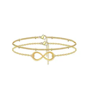 Women's Dainty 14 Karat Gold Filled Adjustable Layered Bracelet - Hypoallergenic Jewelry with Geometric Oval Bars, Layered Chains for Everyday Wear Fashion Accessory