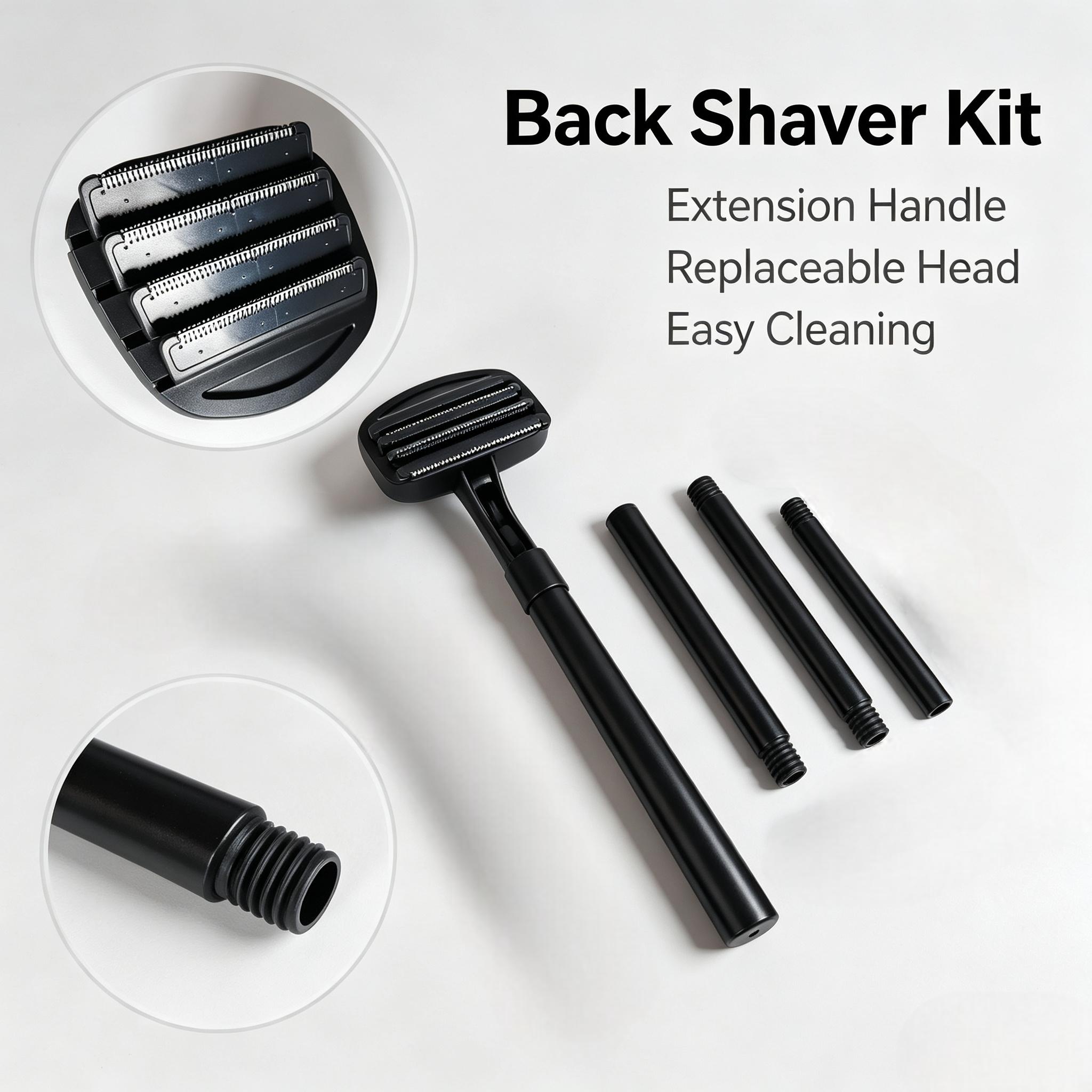 Manual Back Shaver for Men with Long Extendable Handle, Body Back Hair Trimmer for Men with 4 Replaceable Blades, Self-Service Body Groomer Razor, Wet & Dry Shaver for Easy Hair Removal