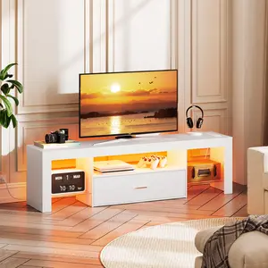 HOOBRO LED TV Stand with Power Outlets to 65 inch TV, Gaming Entertainment Center with Glass Shelves and Large Drawer, Modern Media TV Console Table for Living Room Bedroom, White#SpringSale #BigSpringSale