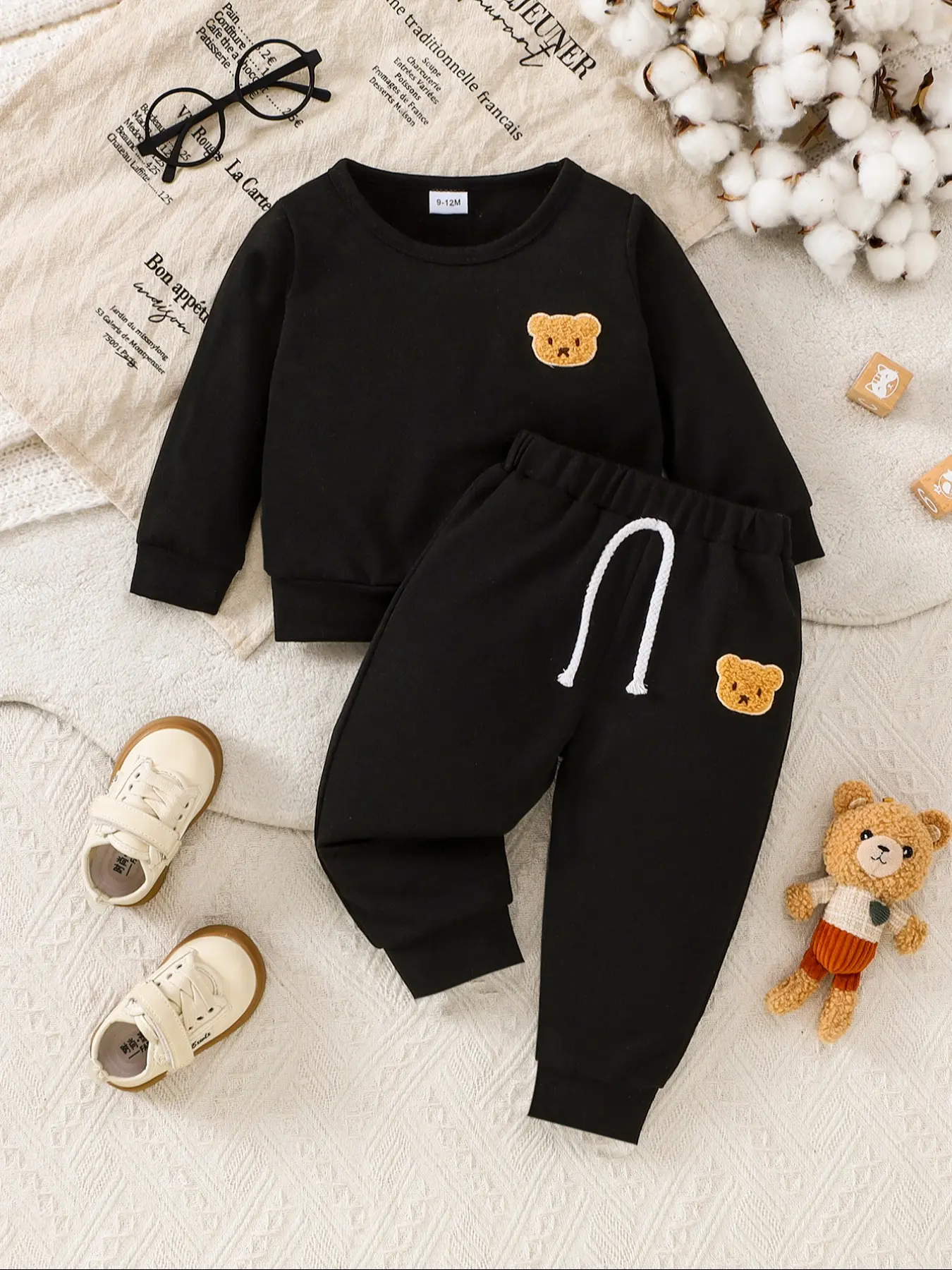 Boys' Bear Chenille Long Sleeve Sweatshirt & Pants Matching Outfits Set, Autumn, Comfortable Casual Wear for Kids