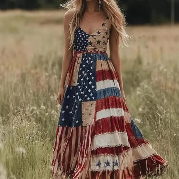 Women's Independence Day Patch Art Line Dress Floral American Flag Dresses