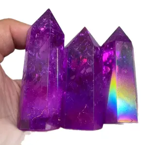Fire and Ice Crackle Clear Quartz 3" Tower - Natural Stone Point with Purple Aura Coating