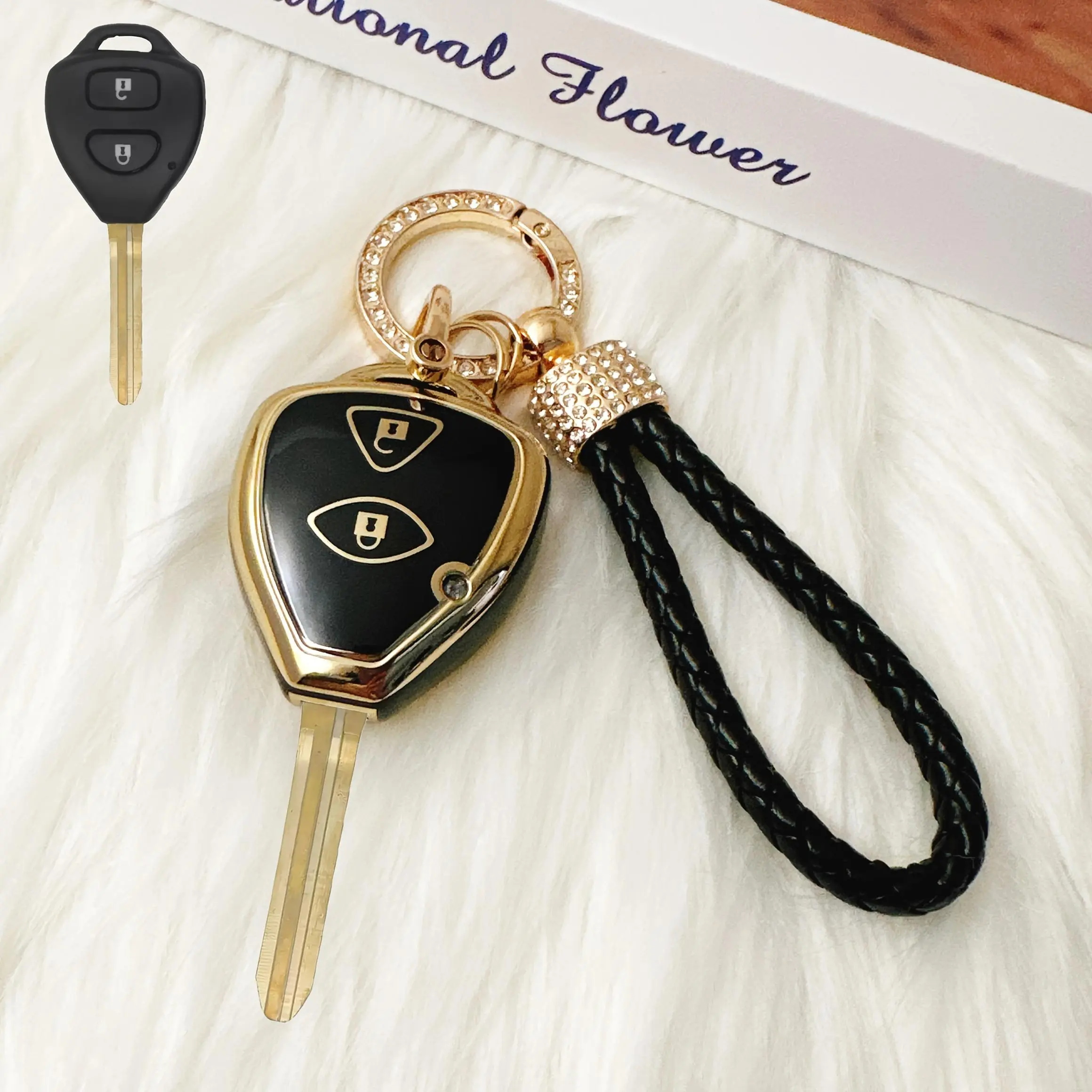 Toyota Car Key Cover with Leather-Metal Keychain, 2-Button Smart Remote Case for Corolla VIOS Camry Yaris RAV4 Hilux Cruiser Fortuner, Scratch-Resistant Soft TPU Keyshell, Thin Slim Snug Fit Durable Protect Case
