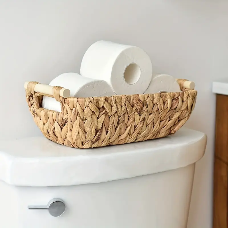 Charming Hand-Woven Wicker Basket with Wooden Handle - Water Hyacinth Storage for Bathroom, Home Organization & Decor Organizer Toilet Paper Holder Weaving Rattan Natural(Water Hyacinth)