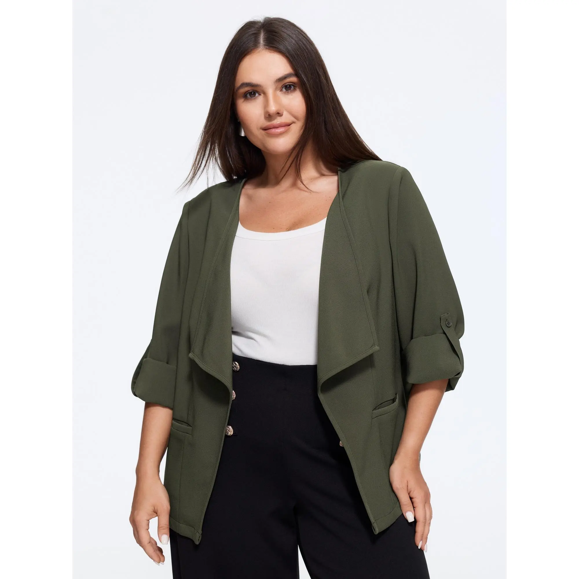 BloomChic Stretch Lapel Collar Roll‑Tab Sleeve Open‑Front Blazer 【M-6XL】