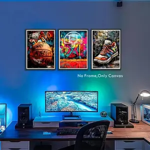 3-Piece Basketball Graffiti Canvas Wall Art Set, Vintage Abstract Doodle Poster Prints, Home Living Room Decoration, Unframed
